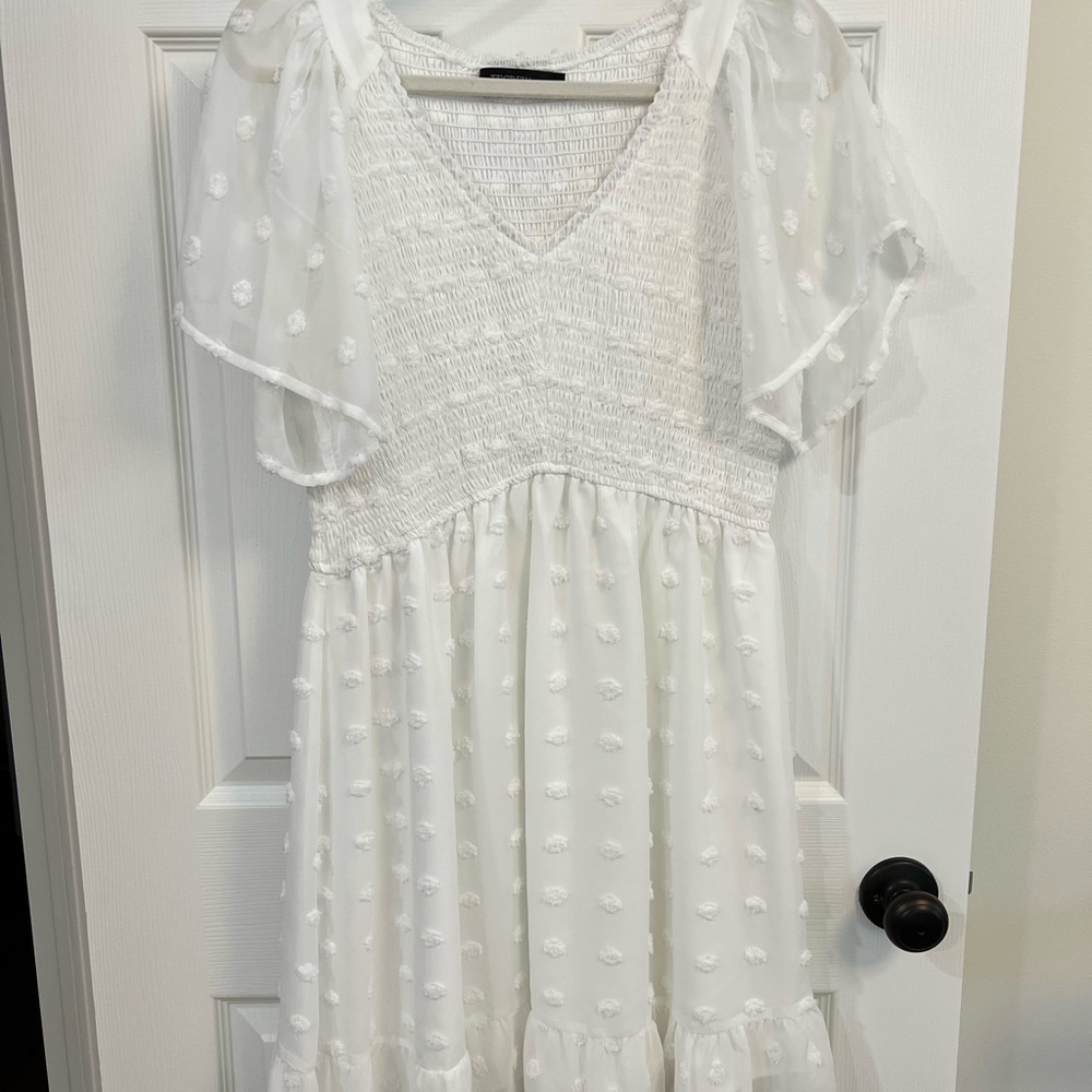 White Swiss Dot Smocked V-Neck Casual Dress